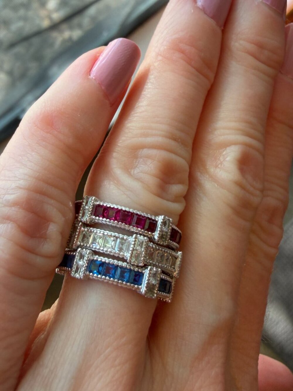 Art Deco 925 Sterling Ruby Red, Diamond White & Sapphire Blue CZ Stack Ring Set